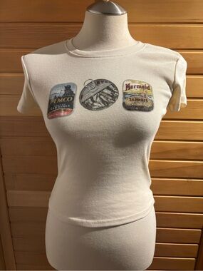 BNWT by Full Tilt Cream Short-Sleeve Tee with Retro Sardine Can Graphics